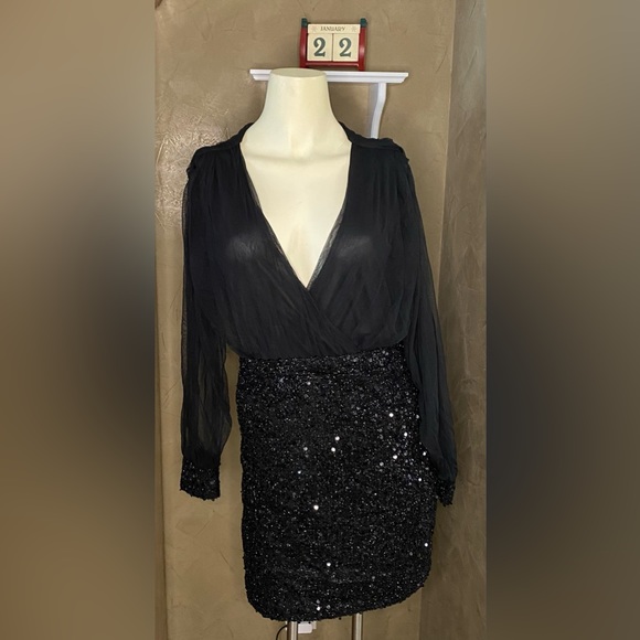 Nurel amir Fashion Sequin black mini Dress Party Long Sleeve size 42 - Picture 3 of 15